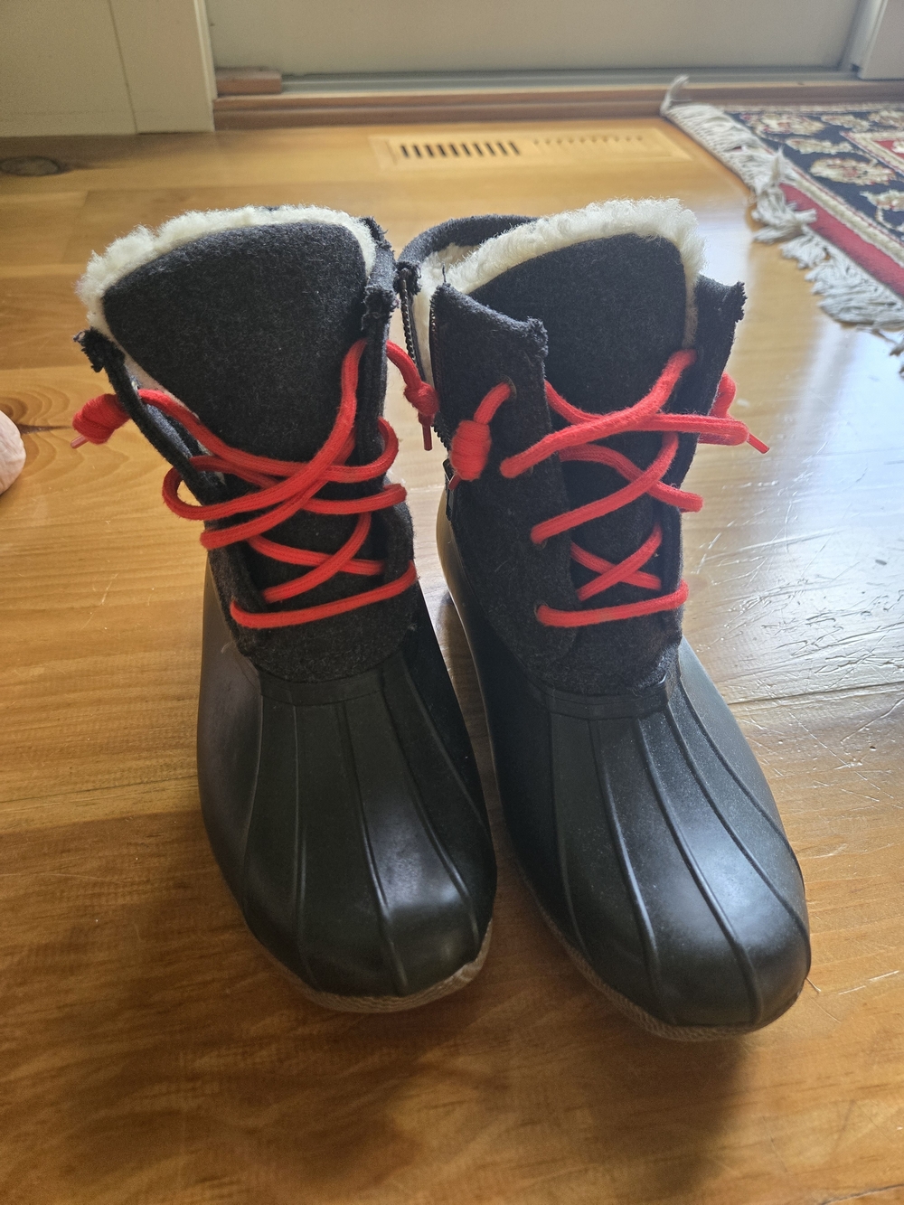 Sperry Black Duck Boots (JCrew) with Red Laces and White Sheep Fur